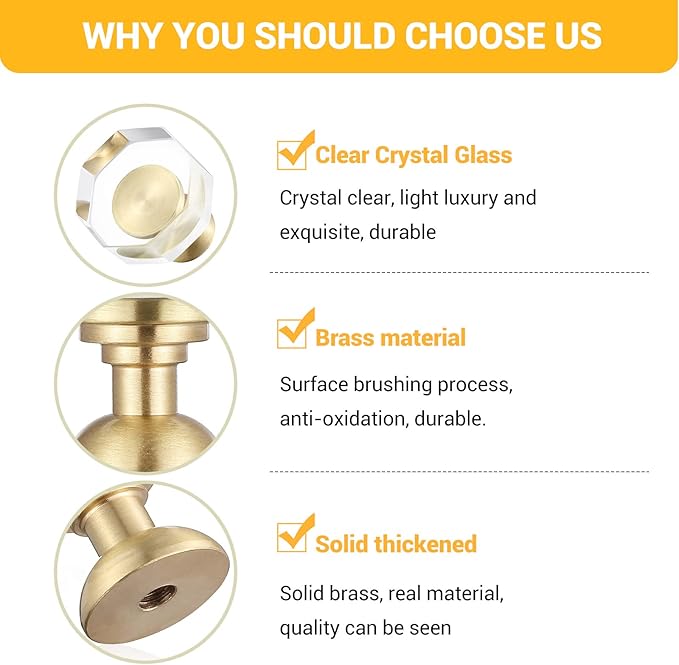 6-Pack 1-1/4-Inch Gold knob Dresser knobs White Cabinet Glass Crystal knobs Brass Drawer Polygonal Dresser Pulls, Drawer pulls