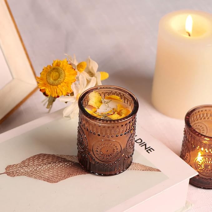 DEVI 24pcs Vintage Amber Votive Candle Holders, Amber Glass Tea Lights Candle Holder for Baby Shower, Boho Wedding Decorations, Vintage Boho Party Home Fall Centerpieces Table Decoration