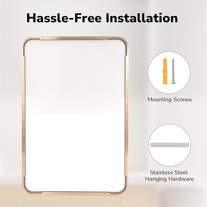 USHOWER Gold Bathroom Mirror 22"x30", Brushed Gold Rectangle Mirror for Over Sink, Rounded Corner, Aluminum Frame, Anti-Rust, Tempered Glass, Horizontal or Vertical Mounted