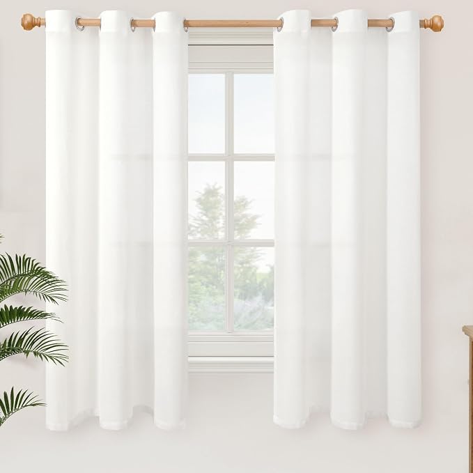 YoungsTex White Linen Semi Sheer Curtains 63 Inch Length 2 Panels, Grommet by YoungsTex