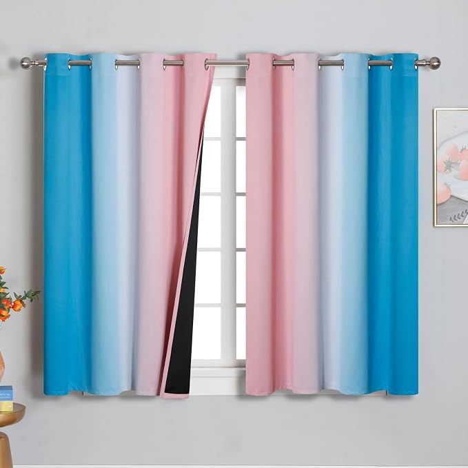 Pink and Blue Ombre Curtains for Bedroom 45 Inch Long | Room Darkening Curtains by ESTELARTEXTILER