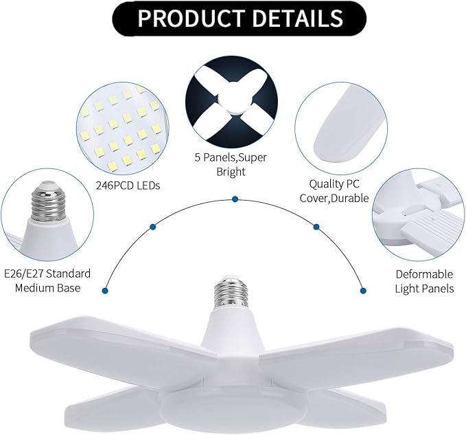(8 Packs) LED Garage Lights, 60W Trilights Ceiling, High Low Bay Deformable Adjustable 4 Led Light Bulbs 6000LM 6000K, Screw in Tribright Garage Lighting Fixture,CRI80 Daylight