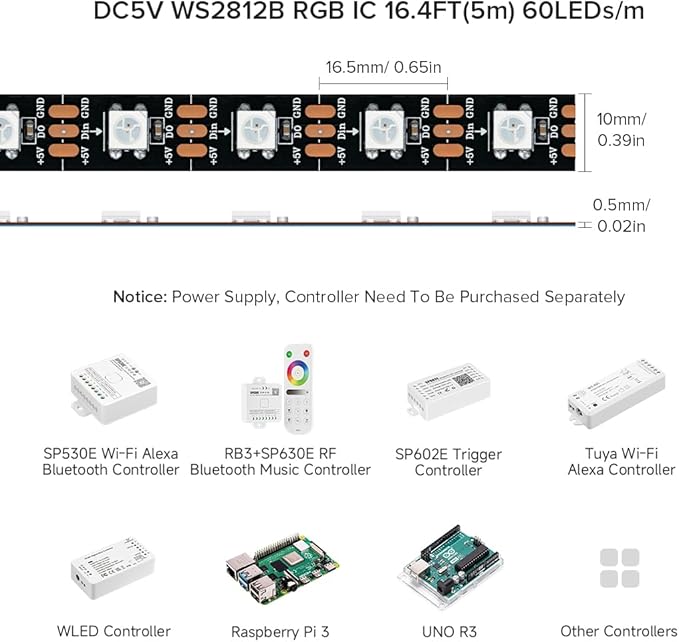 BTF-LIGHTING WS2812B RGB ECO LED Strip, Chasing Effects 5050SMD Individually Addressable 16.4FT 60Pixels/m 300Pixels Flexible Dream Color IP65 for Bedroom DIY Projects DC5V(No Adapter or Controller)