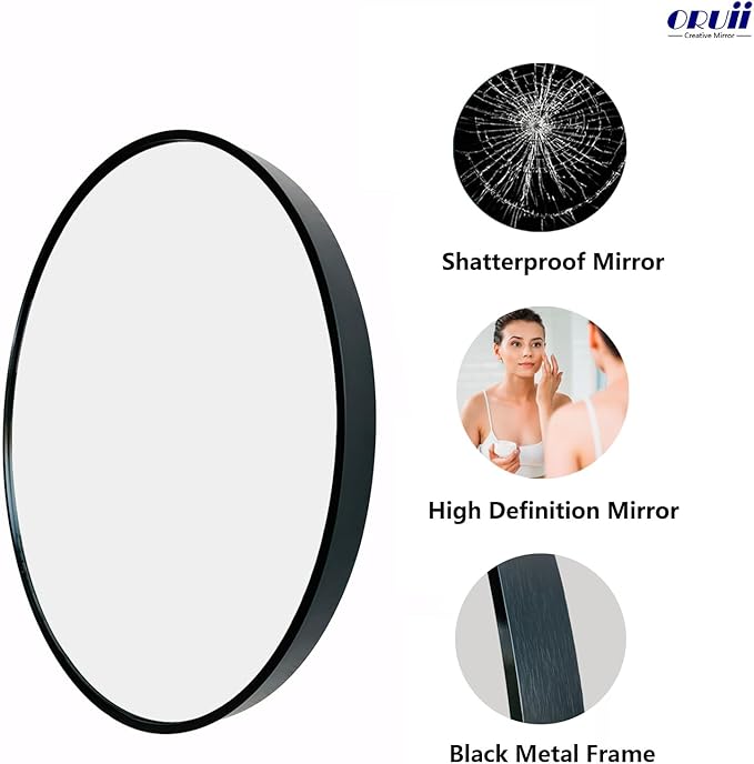 Round Mirror 28 inch, Black Round Mirror, Large Circle Mirrors Metal Frame, Black Circle Mirrors for Wall, Bathroom, Living Room, Dining Room, Entryway.