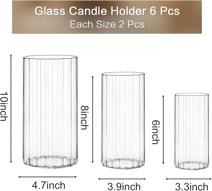 yshengood 6 Pcs Glass Hurricane Candle Holder Ribbed Glass Candle Holder - Elegant & Easy to Use, Perfect for Wedding, Holiday, Party Decor, Home and Event Essential