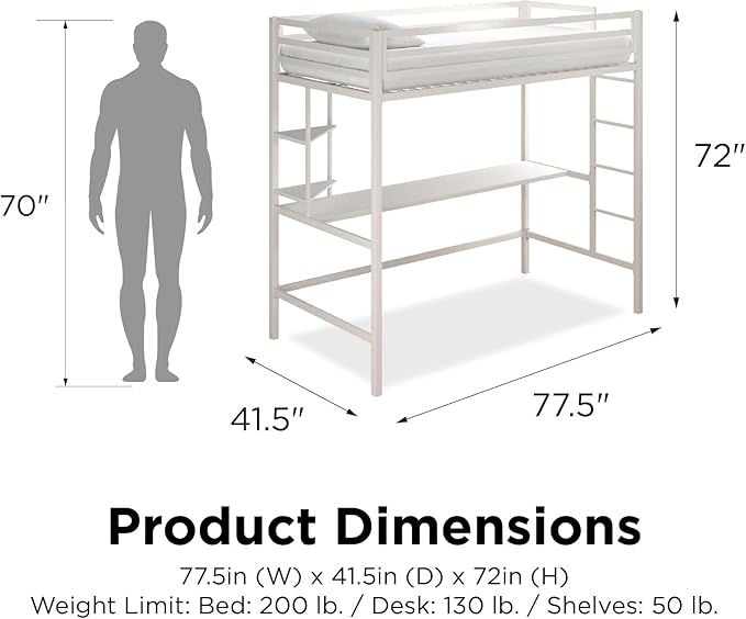 Novogratz Maxwell Metal Twin Loft Bed with Desk & Shelves, Off White/Off White