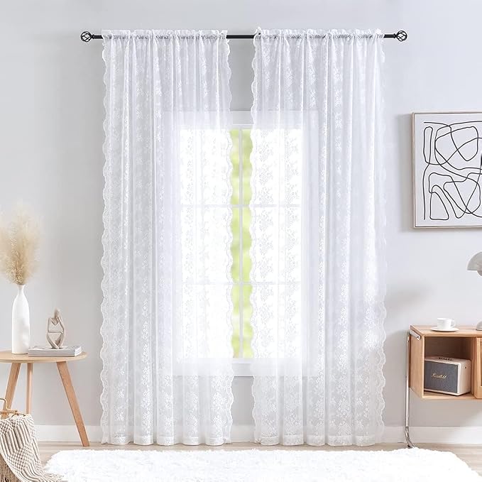 YJ YANJUN Vintage Lace Curtains 108 Inches Long-Victorian Floral White Sheer - Image 2