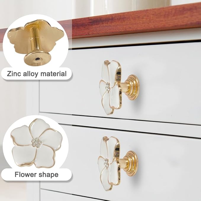 4 pcs Flower Petal Knobs,Creative Silver Flower Drawer Pulls Handles with Screws Single Hole Handle for Cabinet, Dressing ，Home Decor Handles (White)