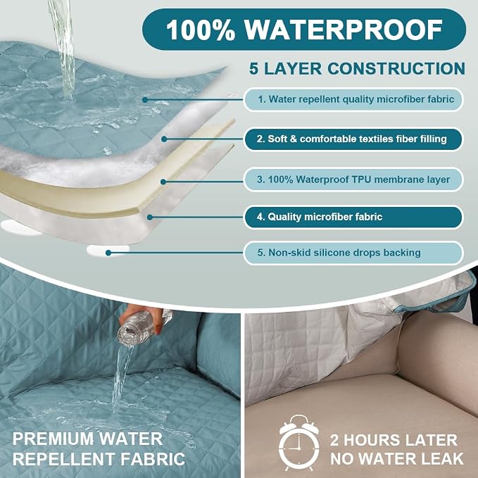 Turquoize 100% Waterproof Sofa Covers Chaise Lounge L Shape Sofa Protector Slip - Image 3