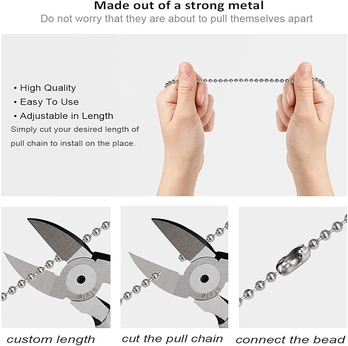 Ceiling Fan Pull Chain, 13.6 Inches Fan Pulls Set with Connector, 2 PCS Beaded Ball Fan Pull Chain (Nickel）