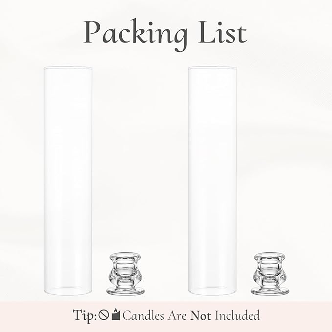 Glass Hurricane Candle Holder: 12" Tall Candlestick Holder with Cylinder Windproof Cover Clear Taper Candle Holders for Wedding Party Birthday Christmas Home Decor Set of 2