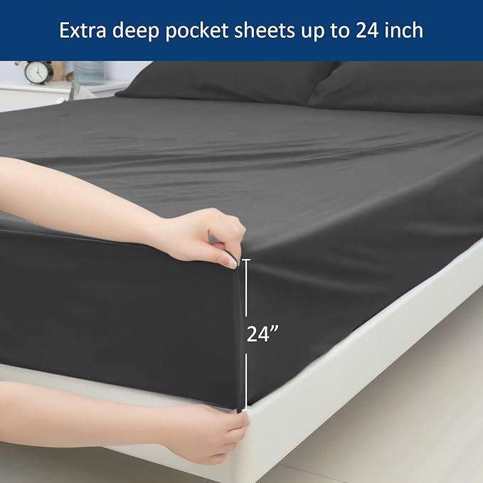 King Size Sheets Set for Air Mattress - Deep Pocket King Sheet Set - 3Pcs Side Storage Pocket Fitted Sheet & Pillowcases Easily Fits 16in to 24in Pillow Top Bed Mattress, Black