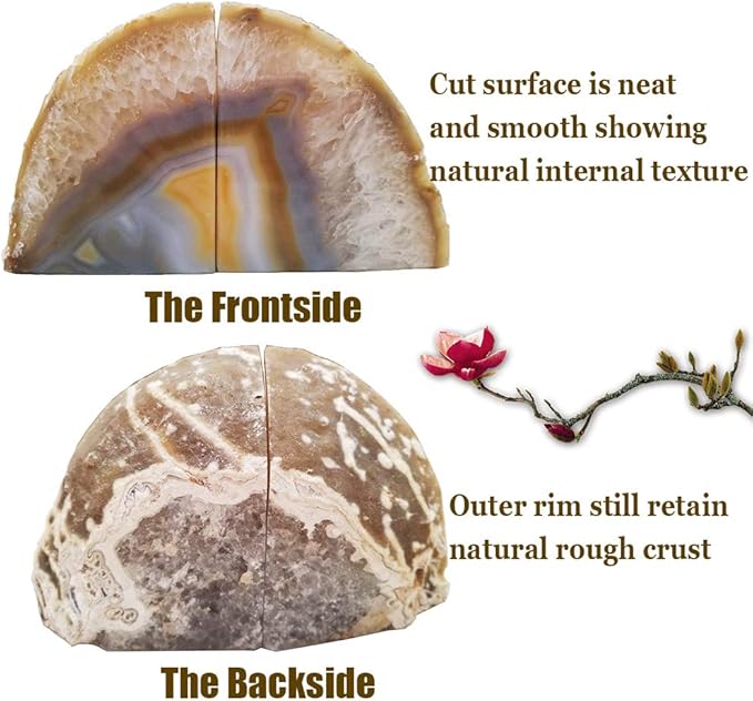 AMOYSTONE Agate Geode Bookends Decorative Crystal Stone Book Ends Heavy Duty Home Office Decor Nature Brown with Rubber Bumpers(1 Pair, 6-8 LBS)