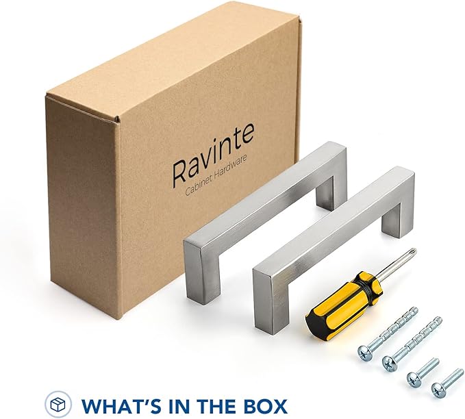 Ravinte 25 Pack Brushed Nickel Kitchen Cabinet Handles 4 Inch Cabinet Pulls Square Kitchen Hardware for Cabinet Drawer Pulls Drawer Handles Come with Screwdriver