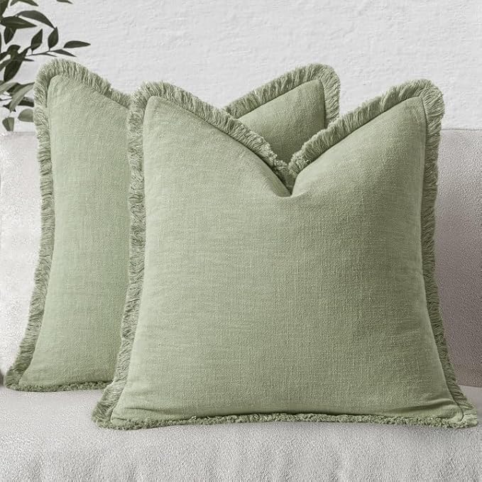 MIULEE Boho Linen Fringe Decorative Throw Pillow Covers Sage Green 18x18 | Set by MIULEE