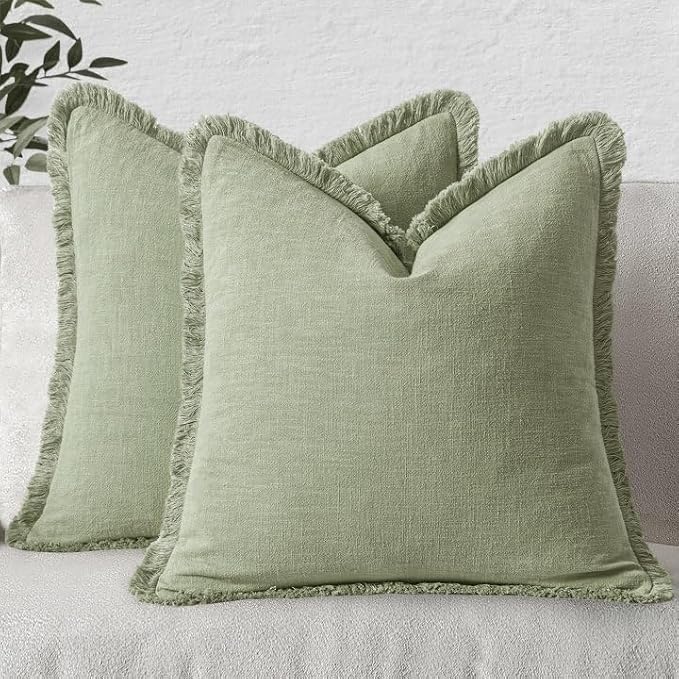 MIULEE Boho Linen Fringe Decorative Throw Pillow Covers Sage Green 20x20 | Set by MIULEE