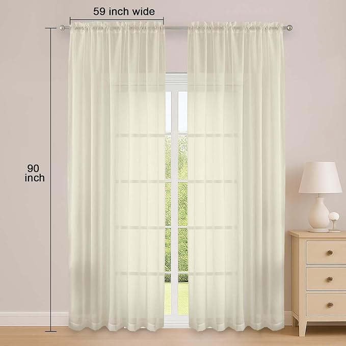 Cream Sheer Curtain 90 Inches Long 2 Panels Set, Solid Filmy Drapes - Image 2