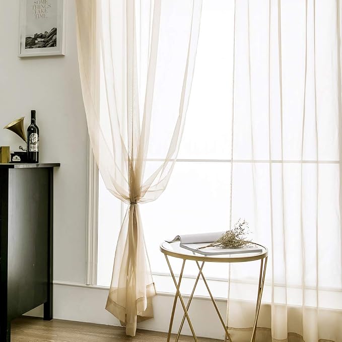 MIULEE Beige Sheer Curtains 54 X 45 Inches Beige, 2 Panels | Solid Color - Image 5