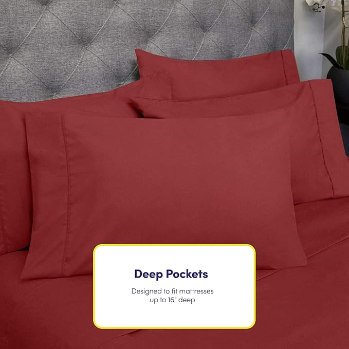 Cal King Size Bed Sheets - 6 Piece 1500 Supreme Collection Fine Brushed Microfiber Deep Pocket California King Sheet Set Bedding - 2 Extra Pillow Cases, Great Value, California King, Burgundy