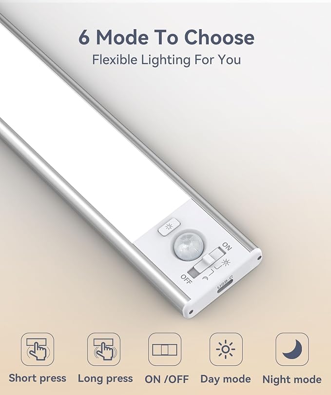 Under Cabinet Lighting, 3200mAh Rechargeable Motion Sensor Light Indoor, LED Battery Operated Cabinet Lights, Dimmable Closet Light, Wireless Under Counter Lights for Kitchen (2pack)