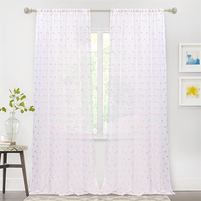 MYSKY HOME 95 Inch Pom Pom Sheer Curtains for Living Room and Bedroom - Baby Pink, White, Blush - Rod Pocket Window Backdrops for Large Sliding Door (38 x 95 in, Set of 2)