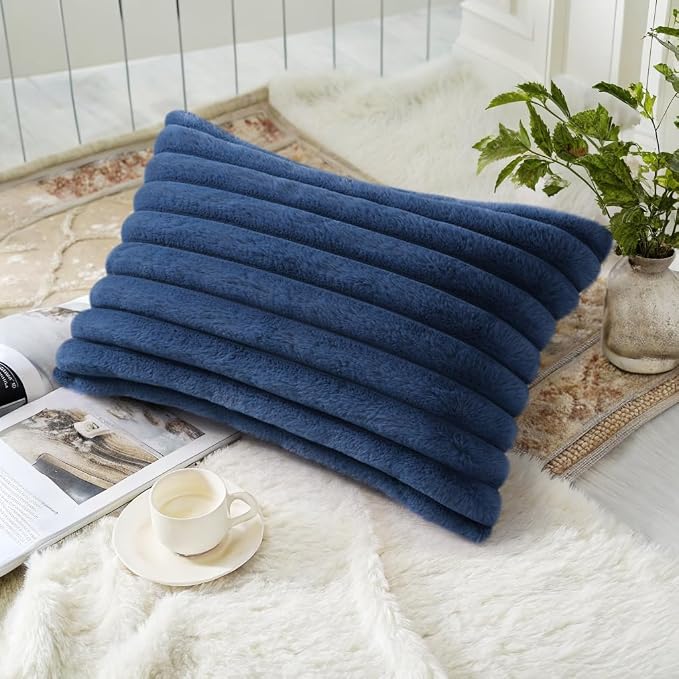 decorUhome Fall Faux Fur Throw Pillow Covers 12x20 Set of 2 Navy Blue | - Image 4