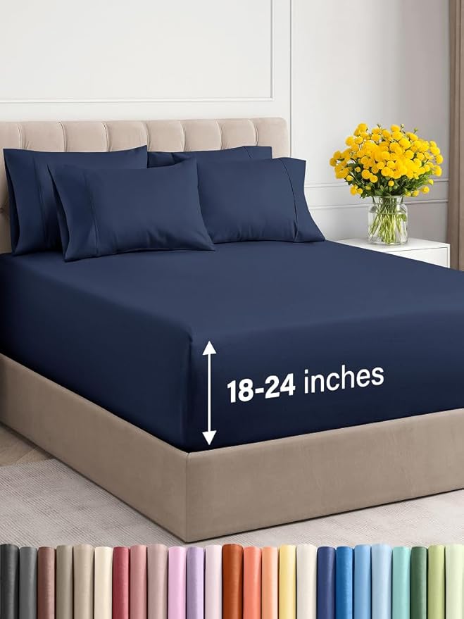 Extra Deep Queen Sheet Set - 6 Piece Breathable & Cooling Sheets - Hotel Luxury Bed Sheets Set - Easy & Secure Fit - Soft, Wrinkle Free & Comfy Sheets Set - Navy Blue Sheet Set with Extra Deep Pockets