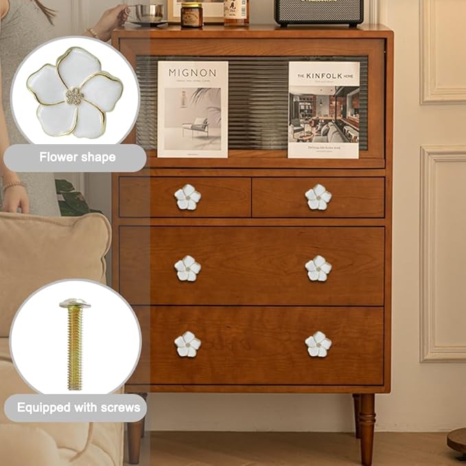 4 pcs Kitchen Handle Petal Knob Hand Zinc Alloy Single Hole Knob Inlaid Rhinestone Hand Handle for Cabinets,Drawers, Wardrobes Furniture Decoration(White)