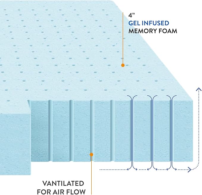 Best Price Mattress 4 Inch Ventilated Memory Foam Mattress Topper, Cooling Gel Infusion, CertiPUR-US Certified, Dorm Essentials, Twin