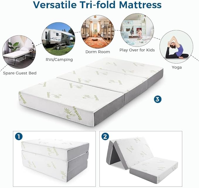Inofia 6 Inch Tri Folding Mattress, Trifold Memory Foam Single Mattress with Ultra Soft Breathable Removable Cover, Foldable & Portable Single Size Bed (75" x 25" x 6")