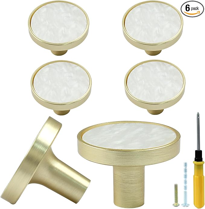 6 Pcs Gold Knobs for Dresser Drawers, Round Dresser Cabinet Knobs Pulls for Kitchen Cabinet Cupboard Door Furniture Decorative, White