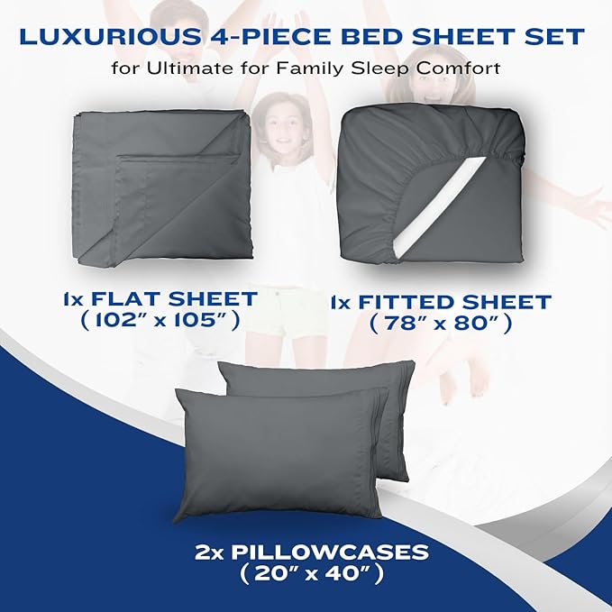 DREAMCARE Queen Sheet Set – 4 pcs Cooling Sheets – up to 21” Extra Deep Pocket Queen Sheets – Hotel Luxury Sheets & Pillowcases – Superior Softness 100% Fine Microfiber with Side Pocket – Dark Gray