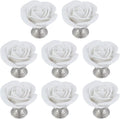 8PCS 1.65" × 1.54" White Rose with Base Knobs Ceramics Flower Shaped Pulls for Cupboard Drawer, with 2 Kinds of Screws