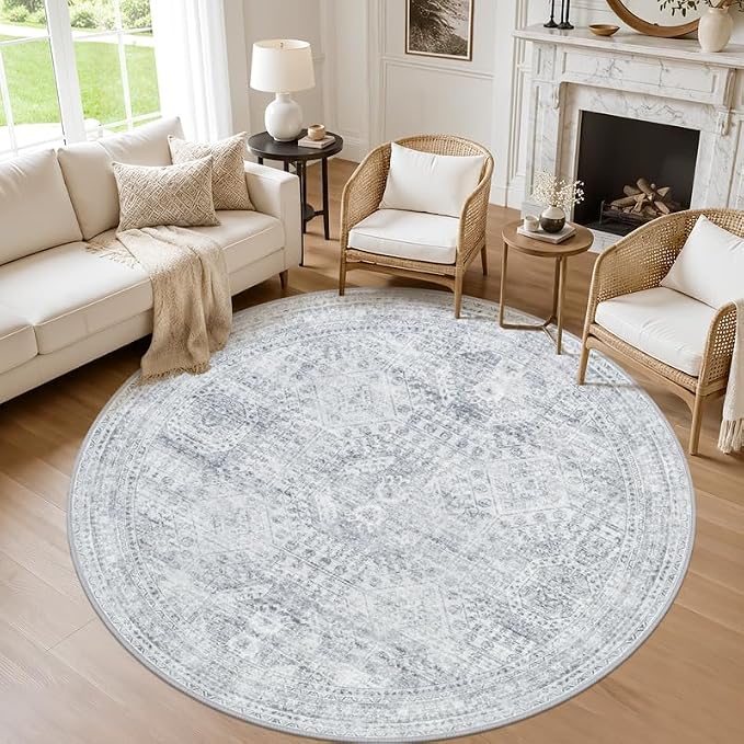 Round Area Rug Living Room: 6ft Neutral Washable Carpet Rug Gray | Vintage Boho by Luxturiy