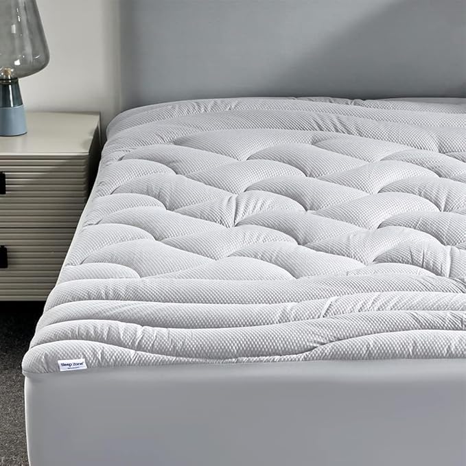 SLEEP ZONE Cooling Queen Mattress Topper for Single Bed, Premium Zoned Quilted Mattress Pad, Fitted Mattress Protector Cover, Machine Wash Durable, Deep Pocket 8-21 inch (Silver Grey, Queen)