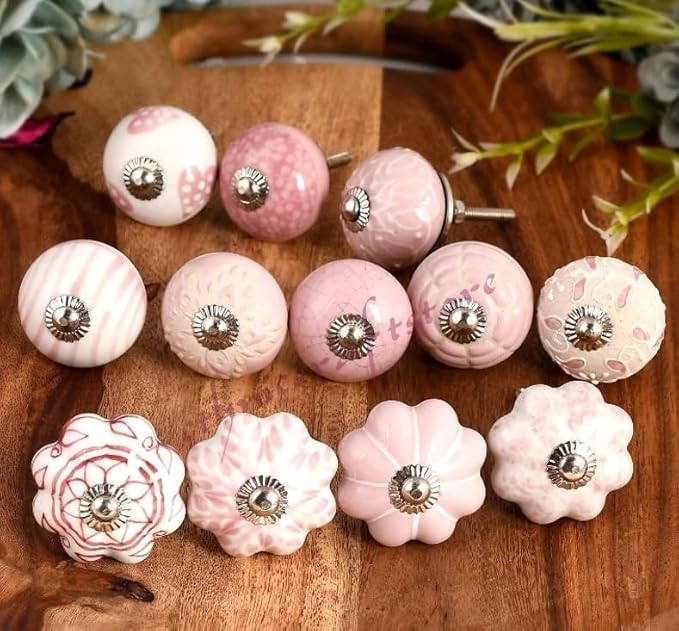 Knobs for Cabinets and Drawers Pink Assorted Knobs Vintage Ceramic Door Knobs Colorful Kitchen Furniture Pull Handles Cabinets Cupboard for Wardrobe Home Interior Décor - Pack of 6