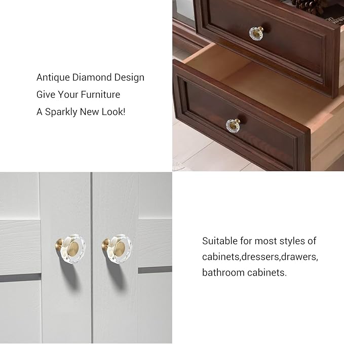 6-Pack 1-1/4-Inch White Cabinet Glass Crystal Patterned knob Brass Drawer Dresser Pulls, Gold Hardware Kitchen Closet knobs for Bifold Doors