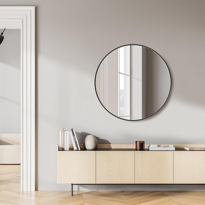 Sweetcrispy Black Round Wall Mirror 30 Inch, Bathroom Mirrors for Over Sink, Wall Decor for Bathroom, Entryway, Bedroom, Vanity