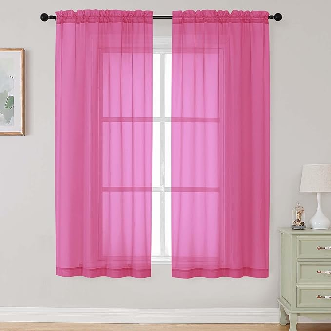 Hot Pink Sheer Curtains 63 Inch Length 2 Panels Set by WelvetBLK