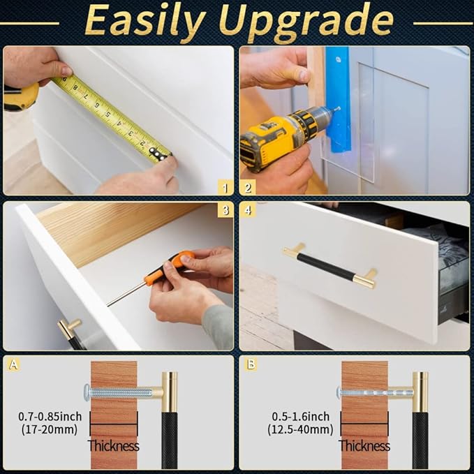 Knurled Cabinet Pulls 12 Pack, 16 Inch Long Cabinet Handles Metal Door Pulls, Kitchen Drawer Pull Knurled Dresser Handles - 10" Hole to Hole, Black & Gold