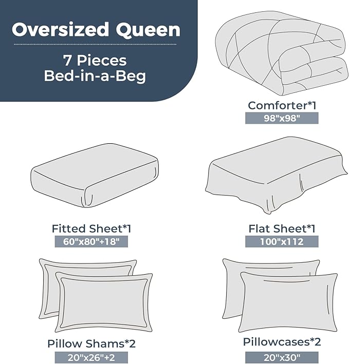 HEVUMYI Oversized Queen Comforter Set - 7-Piece All Season Bed in a Bag Oversized Queen, Ultra Soft Bedding Set with Comforter, Flat Sheet, Fitted Sheet, Pillowcases, Pillow Shams, Black & Light Grey