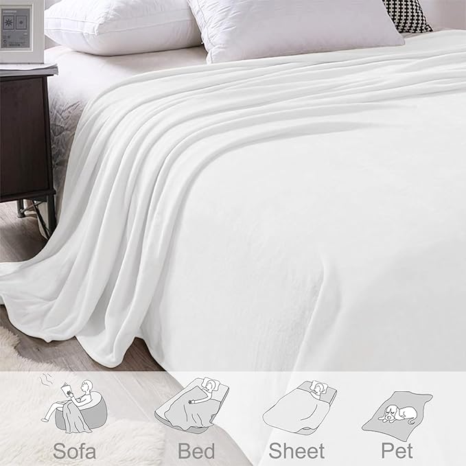Exclusivo Mezcla Fleece Blanket King Size for Bed, Super Soft and Warm, All Season Use, Cozy, Plush, Lightweight, 90x104 Inches, Pure White
