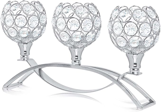Crystal Tealight Candle Holder Centerpiece Home Decorative Candlestick Holder Elegant Table Centerpiece Home Decor Wedding Party Anniversary (Silver, 3 Arm)