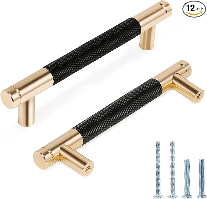 Knurled Cabinet Pulls 12 Pack, 5 Inch Long Cabinet Handles Metal Door Pulls, Kitchen Drawer Pull Knurled Dresser Handles - 3 3/4" Hole to Hole, Black & Gold