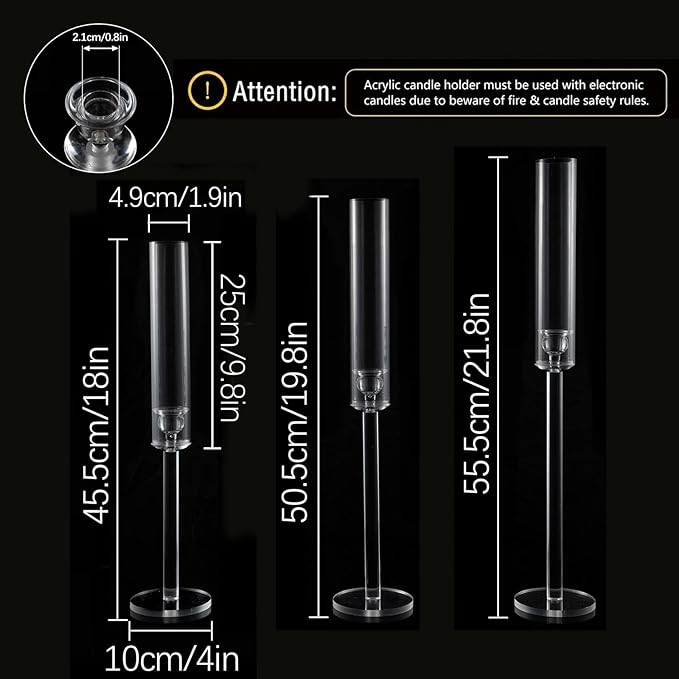 Vincidern 12pcs Taper Candle Holder Acrylic Candlestick Holder Clear Set for Table Centerpiece, Long Candle Stick Candle Stand Cylinder Shade for Halloween, Christmas Wedding Party Dining Room Decor