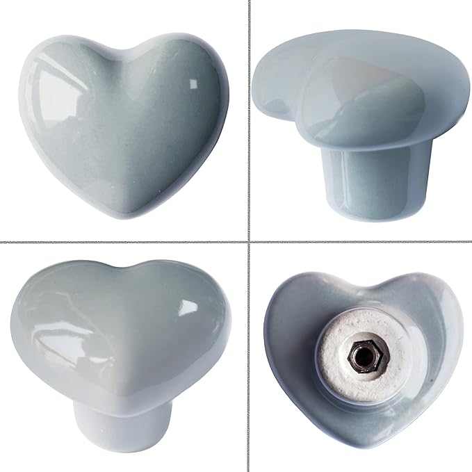 Ceramic Drawer Knobs Heart Shape Cabinet Dresser Pulls Handles with 3 Sized Screws, Kitchen Furniture Knobs for Closet Cupboard Wardrobe (Grey, 10 Pack)