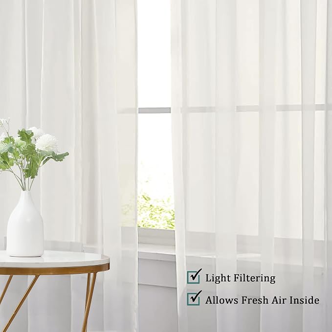 Chyhomenyc Sheer Curtains 63 Inch Length 2 Panels, Ivory | Light Filtering - Image 3