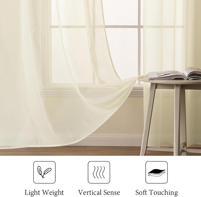 MIULEE Light Cream Sheer Curtains 54 X 72 Inches, 2 Panels | Solid Color - Image 4