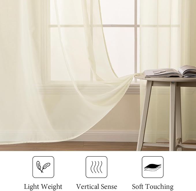 MIULEE Light Cream Sheer Curtains 54 X 84 Inches, 2 Panels | Solid Color - Image 4