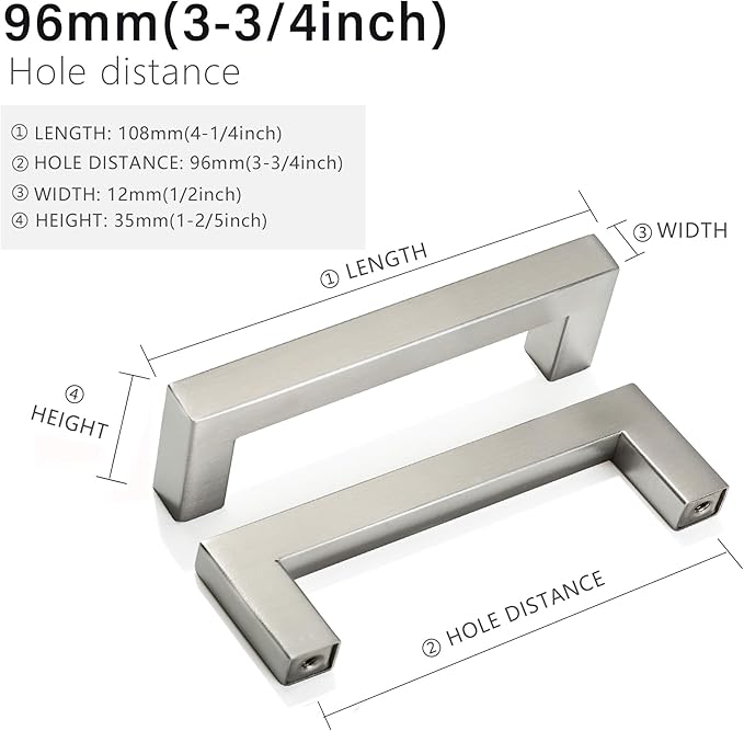 Cabinet Pulls Brushed Nickel Cabinet Handles Square Drawer Pulls, 50 Pack 3-3/4 Inch Stainless Steel Kitchen Door Cupboard Cabinet Handles, Cabinet Hardware Drawer Handles, 96mm Hole Centers